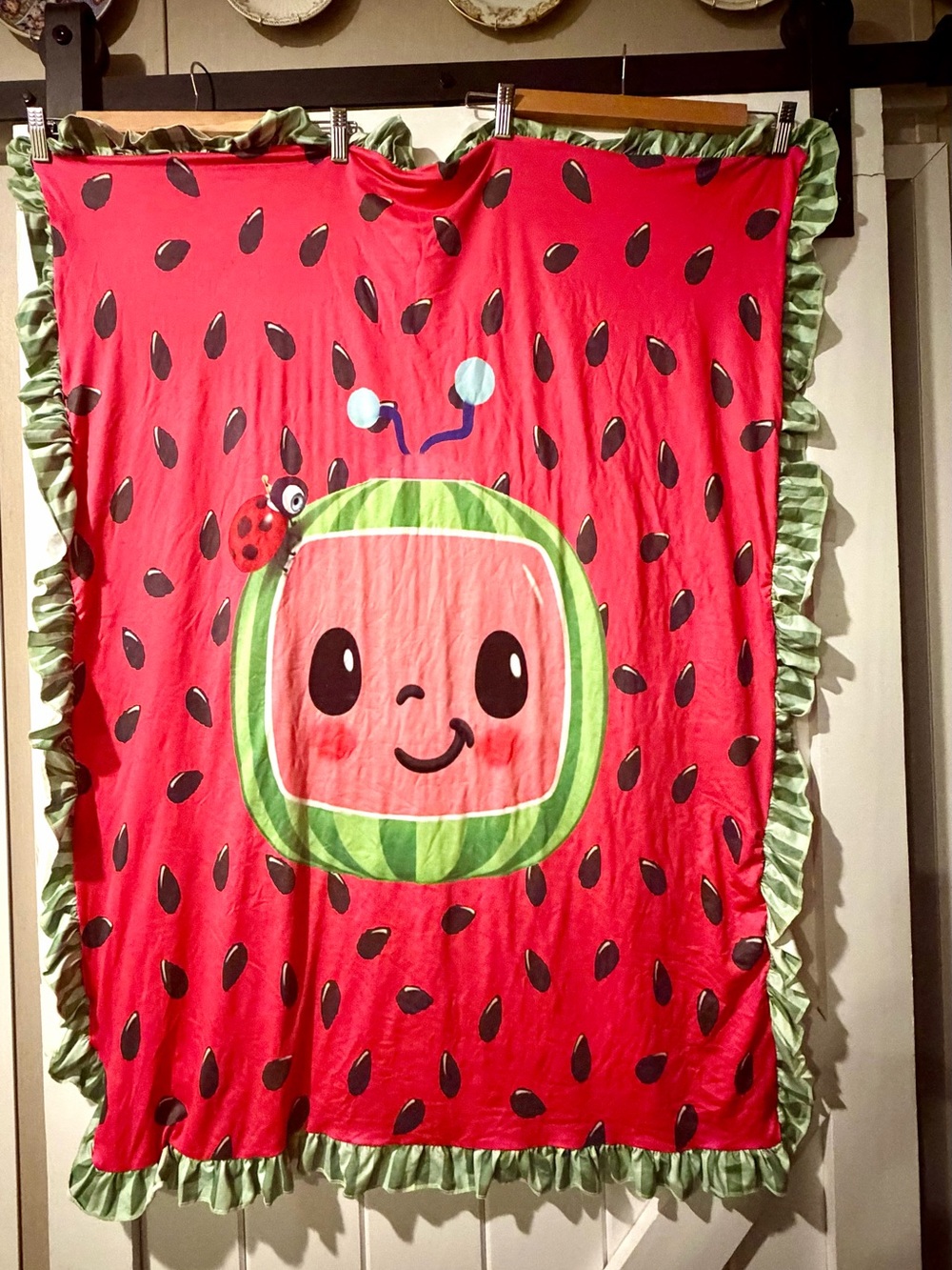Watermelon Cocomelon Mindy Baby Blanket Green Ruffle Trim